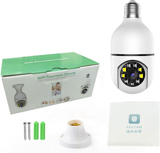 DERCLIVE E27 - Cámara de seguridad inalámbrica tipo bombilla panorámica de 360° de 2 vías con WiFi, color blanco