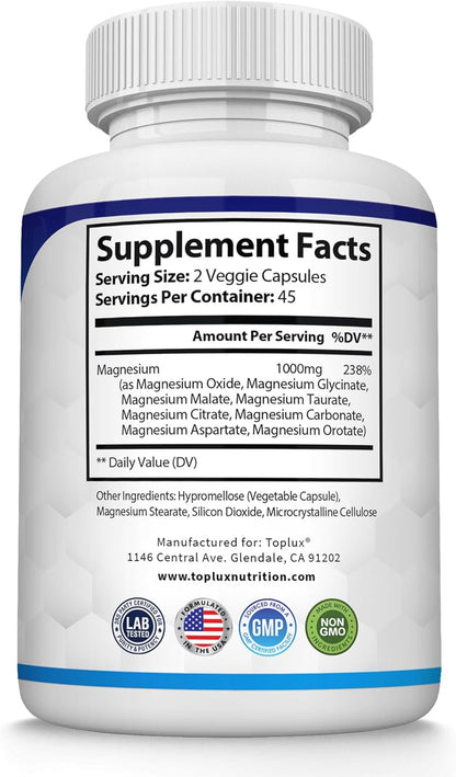 Complejo de magnesio Suplemento 8 Elemental 1000mg - Glicinato de magnesio, citrato, malato, taurato, quelado para una fácil absorción para huesos, músculos, recuperación, energía, vegano sin OMG 90