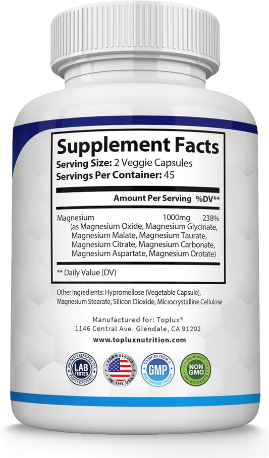 Complejo de magnesio Suplemento 8 Elemental 1000mg - Glicinato de magnesio, citrato, malato, taurato, quelado para una fácil absorción para huesos, músculos, recuperación, energía, vegano sin OMG 90