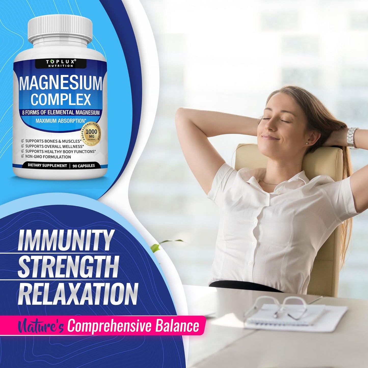 Complejo de magnesio Suplemento 8 Elemental 1000mg - Glicinato de magnesio, citrato, malato, taurato, quelado para una fácil absorción para huesos, músculos, recuperación, energía, vegano sin OMG 90