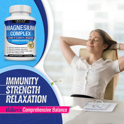 Complejo de magnesio Suplemento 8 Elemental 1000mg - Glicinato de magnesio, citrato, malato, taurato, quelado para una fácil absorción para huesos, músculos, recuperación, energía, vegano sin OMG 90