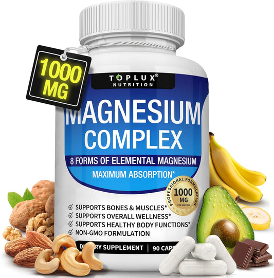 Complejo de magnesio Suplemento 8 Elemental 1000mg - Glicinato de magnesio, citrato, malato, taurato, quelado para una fácil absorción para huesos, músculos, recuperación, energía, vegano sin OMG 90