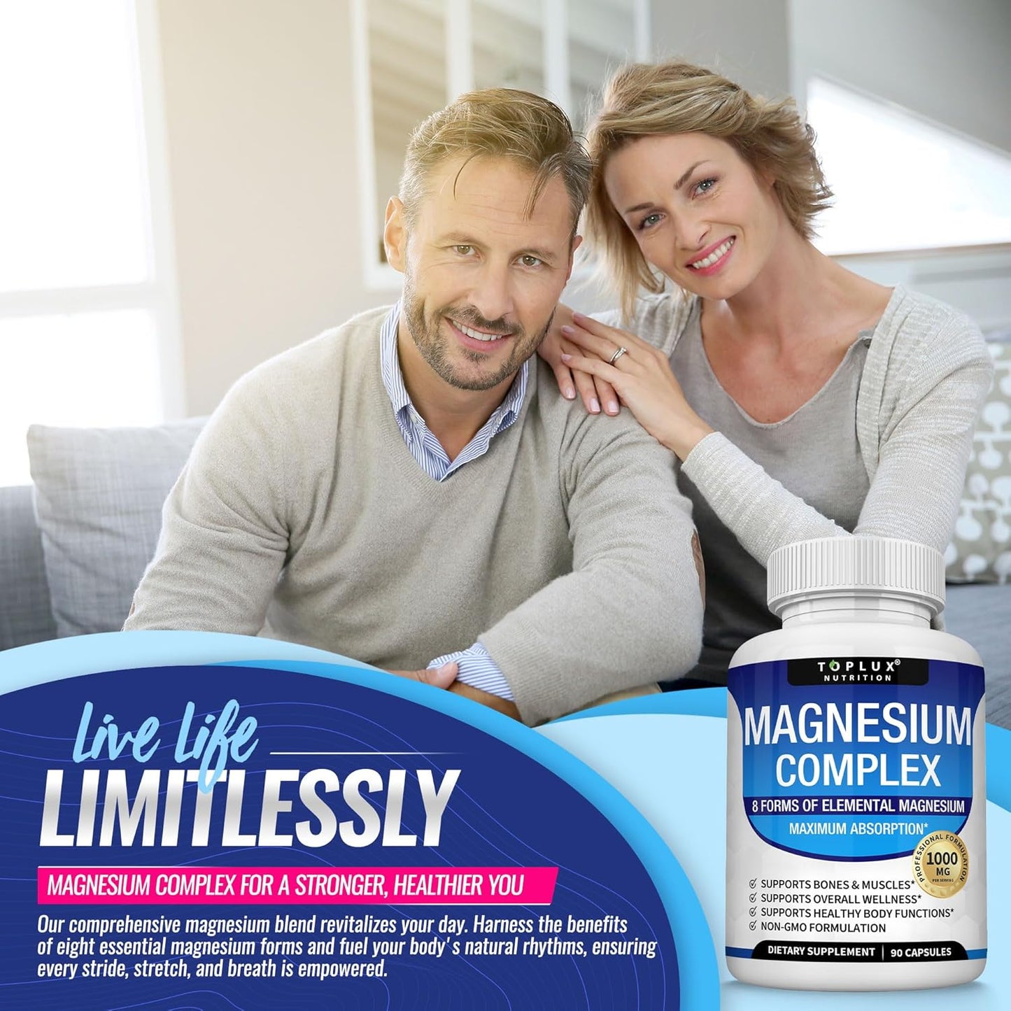 Complejo de magnesio Suplemento 8 Elemental 1000mg - Glicinato de magnesio, citrato, malato, taurato, quelado para una fácil absorción para huesos, músculos, recuperación, energía, vegano sin OMG 90