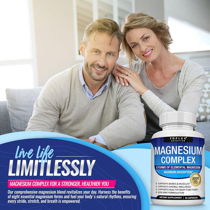 Complejo de magnesio Suplemento 8 Elemental 1000mg - Glicinato de magnesio, citrato, malato, taurato, quelado para una fácil absorción para huesos, músculos, recuperación, energía, vegano sin OMG 90