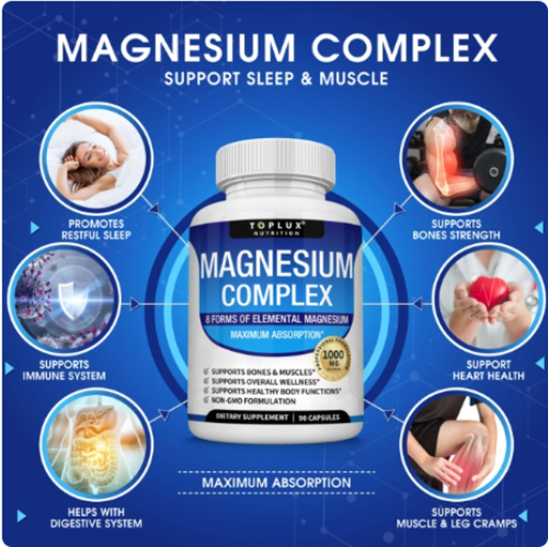 Complejo de magnesio Suplemento 8 Elemental 1000mg - Glicinato de magnesio, citrato, malato, taurato, quelado para una fácil absorción para huesos, músculos, recuperación, energía, vegano sin OMG 90